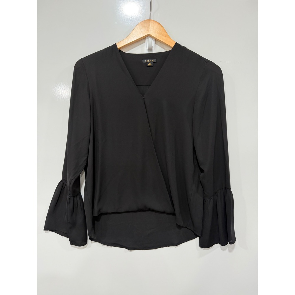 IMAN Womens Black Faux Wrap Bell Sleeve Blouse Top XS High Low Hem V-Neck
